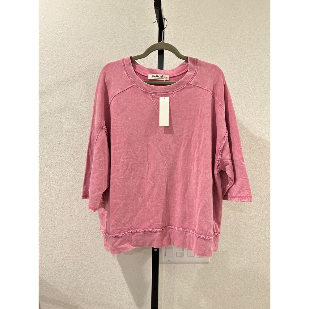 NWT Three Bird Nest Pink Acid Wash Cotton Oversized Sweatshirt, Size S